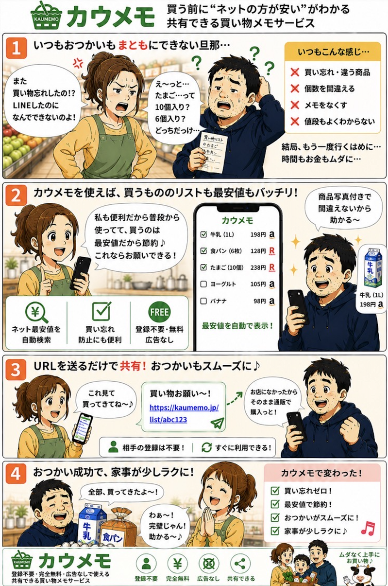コストコでの買い物におすすめ！登録不要で完全無料の超便利な買い物メモサービスのカウメモ